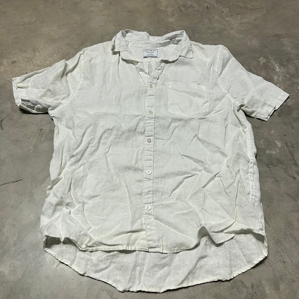 Cotton On Mens 100% Linen Short Sleeve Button Down Shirt White Large 3611899